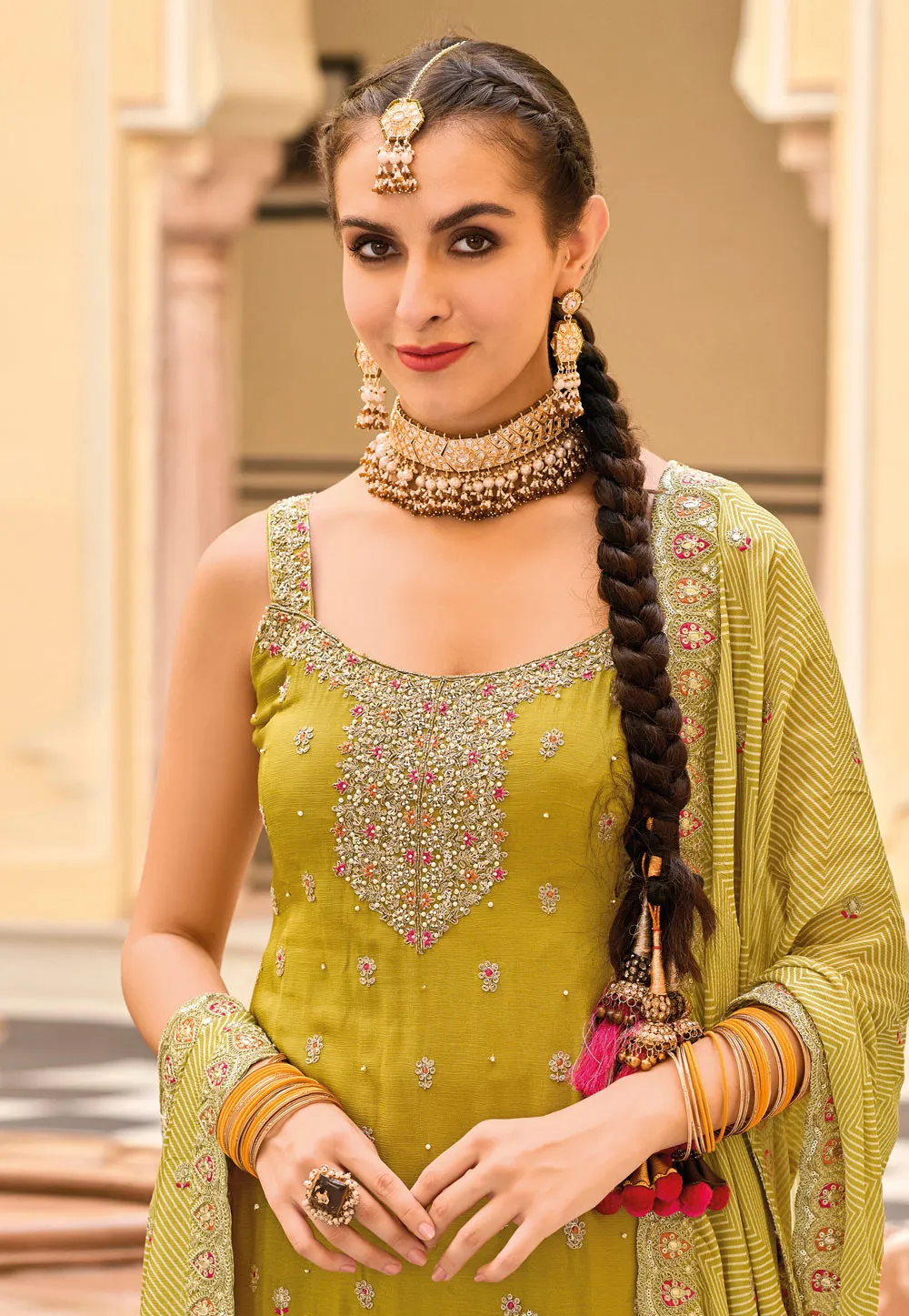 Alluring Heavy Chinon Party Wear Palazzo Suits With Embroidery Work