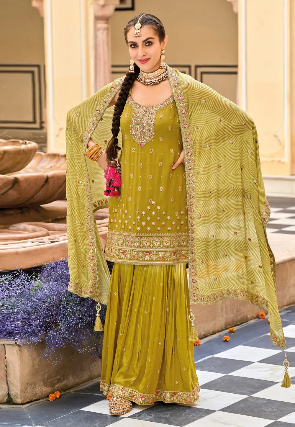 Alluring Heavy Chinon Party Wear Palazzo Suits With Embroidery Work