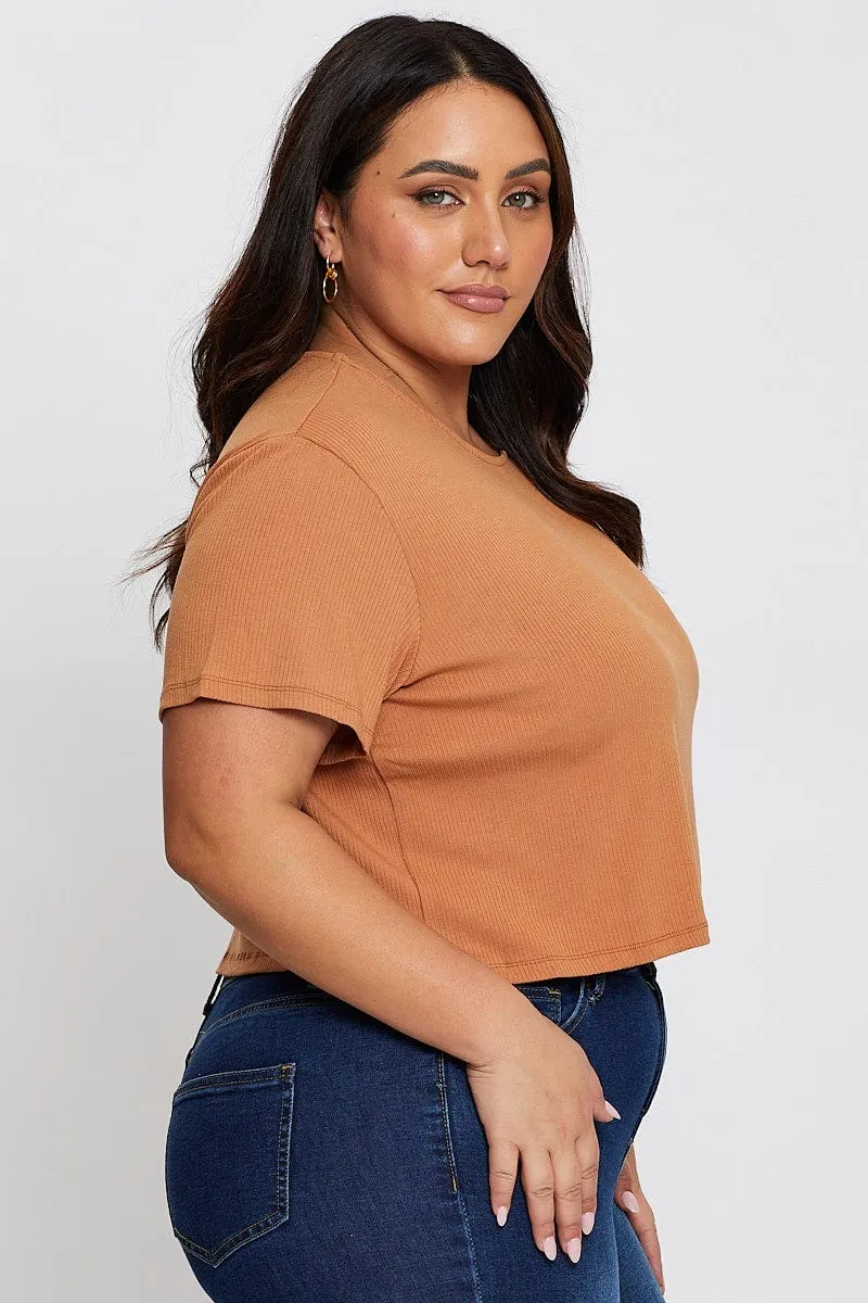 Beige Crop T-Shirt Crew Neck Short Sleeve Semi