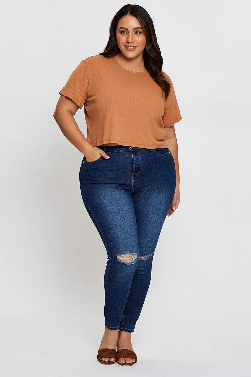 Beige Crop T-Shirt Crew Neck Short Sleeve Semi