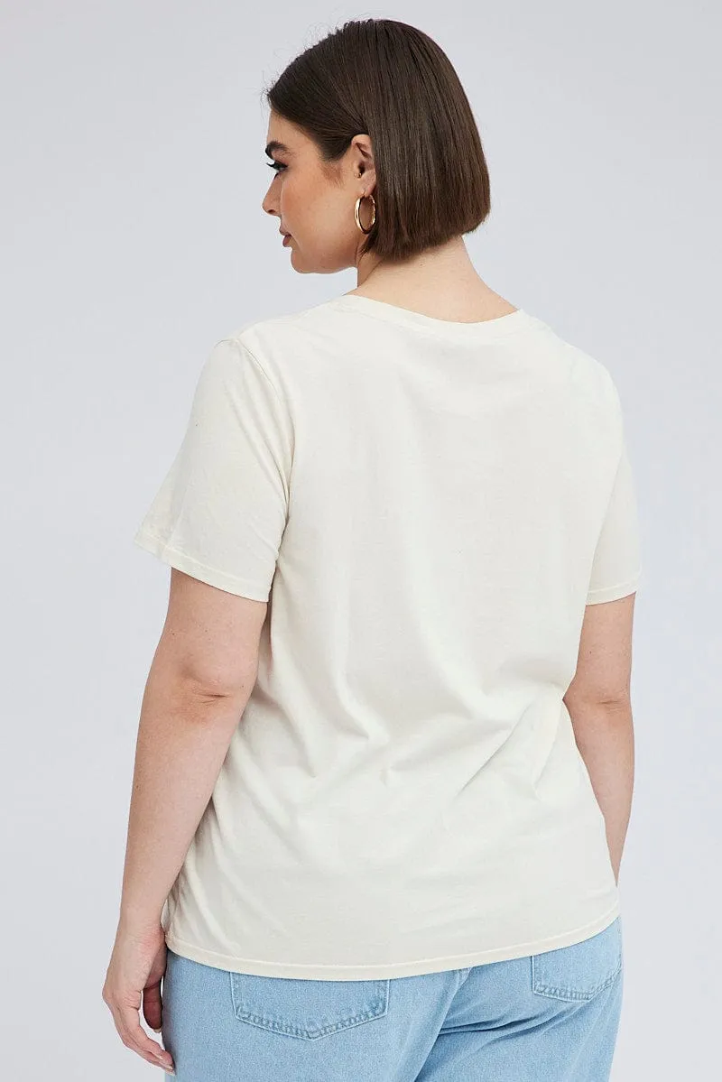 Beige Graphic T Shirt Short Sleeve Crew Neck