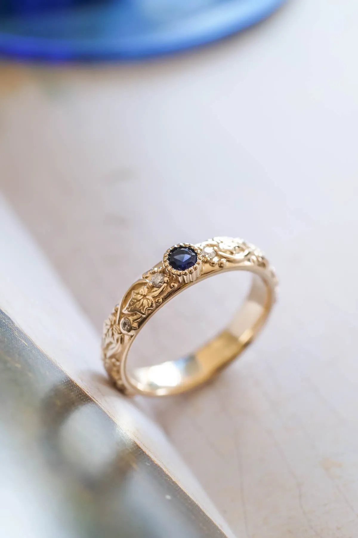 Blue sapphire wedding band, ivy leaf ring with diamonds, comfort fit ring