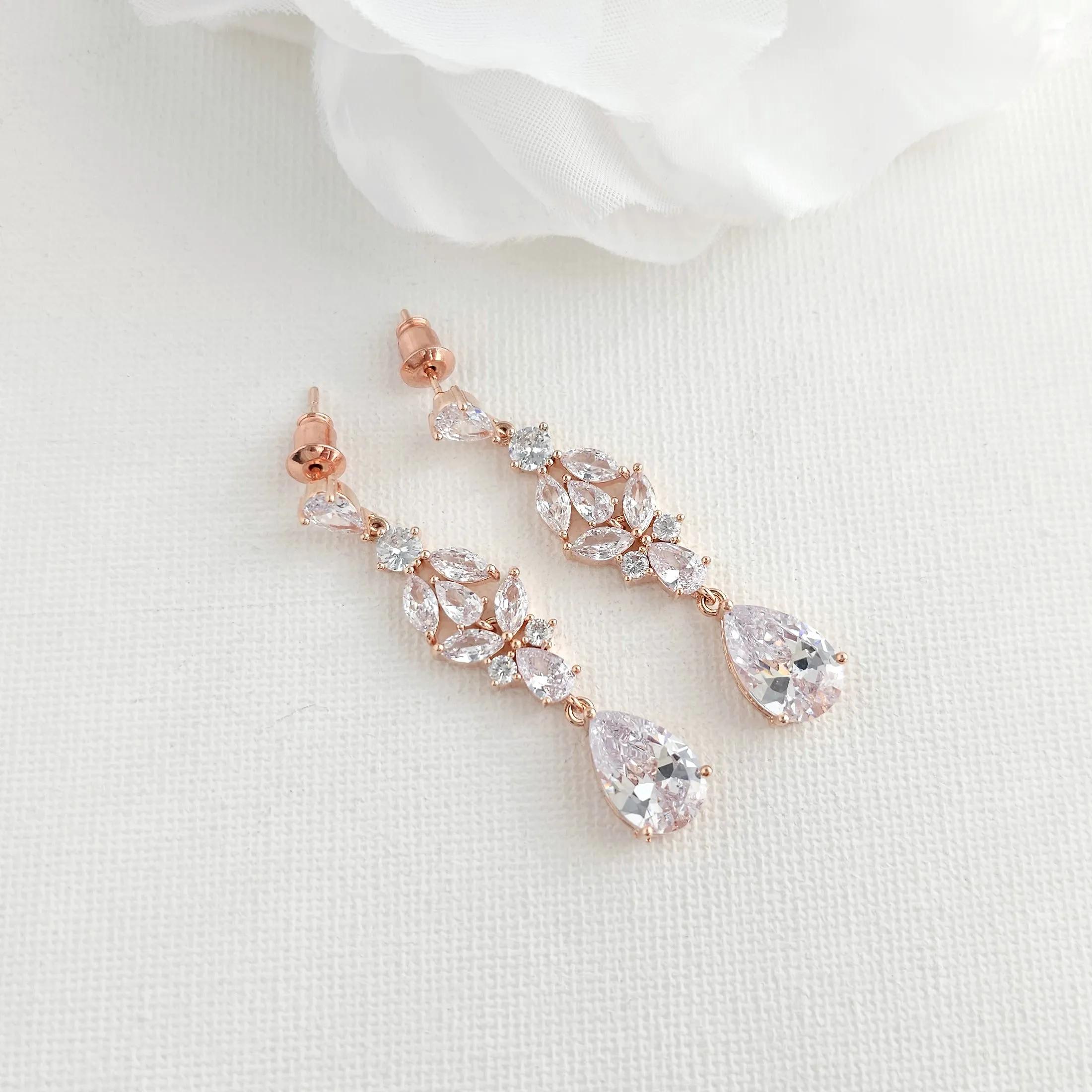 Bridal Drop Earrings in Silver and Cubic Zirconia Stones-Anne