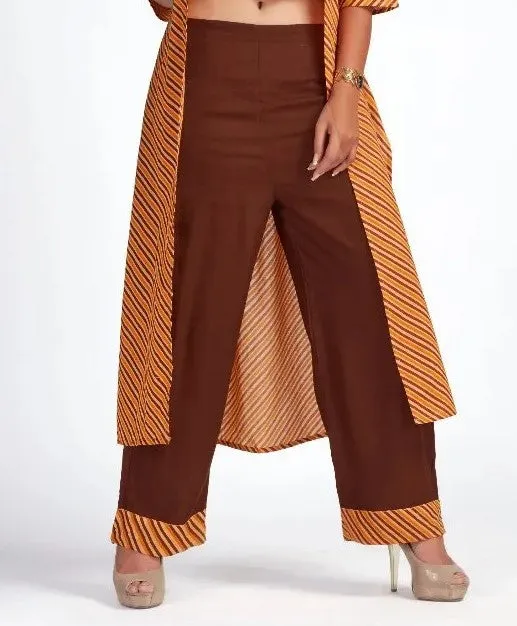 Brown Colored Embroidered Crop Top And Palazzo Pant With Long Striped Shrug
