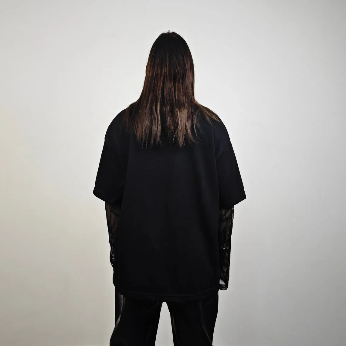 Contrast sleeves top black mesh gothic jumper metal patch blouse sheer rocker t-shirt shoulder padded tee edgy oversize grunge punk pullover