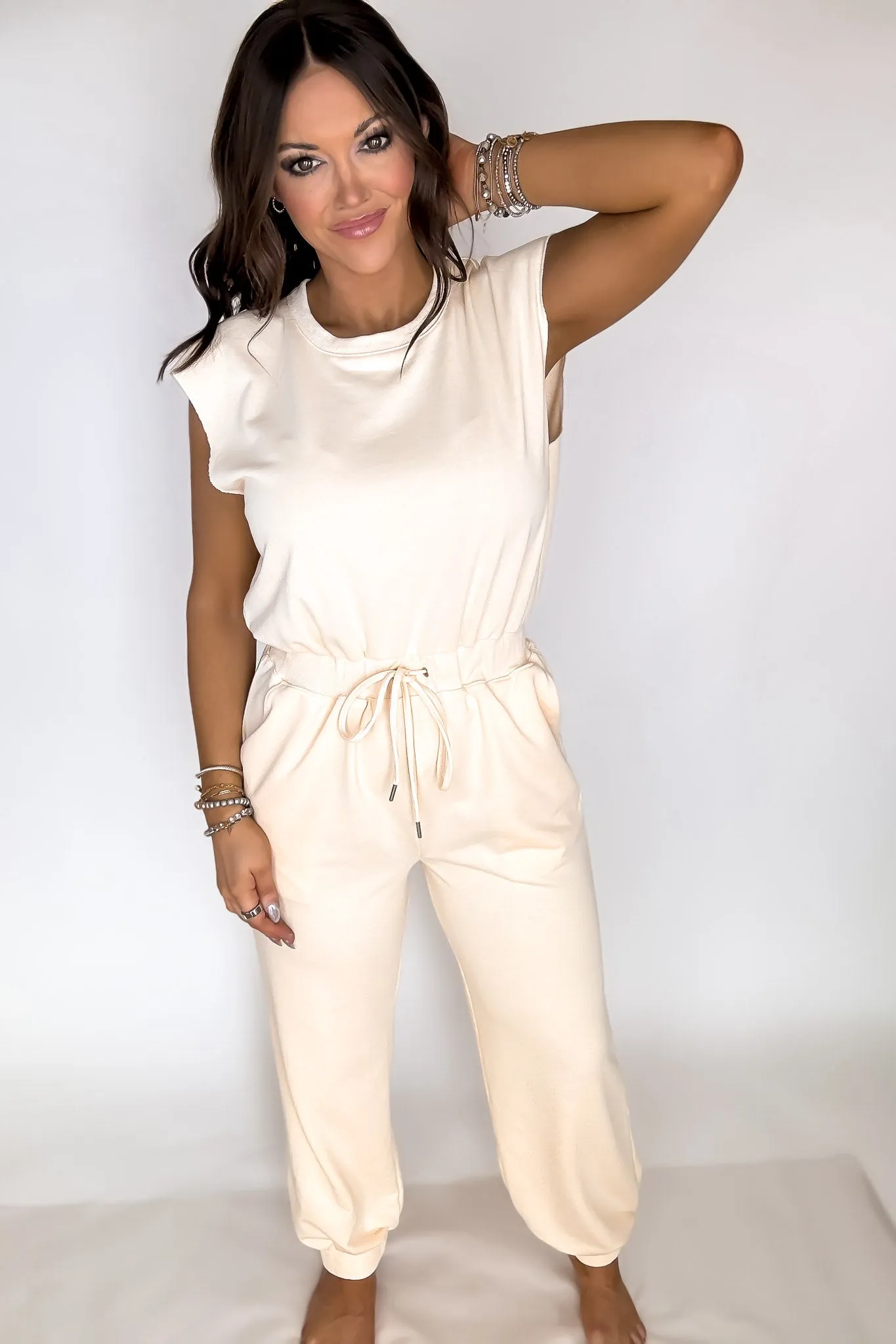 Cream Round Neck Muscle Tee Jumpsuits