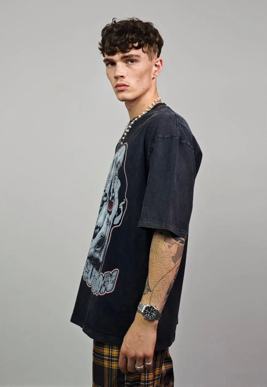 Creepy t-shirt horror cartoon tee retro top in vintage grey