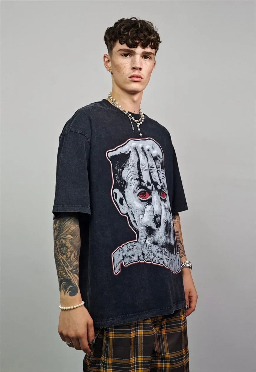 Creepy t-shirt horror cartoon tee retro top in vintage grey
