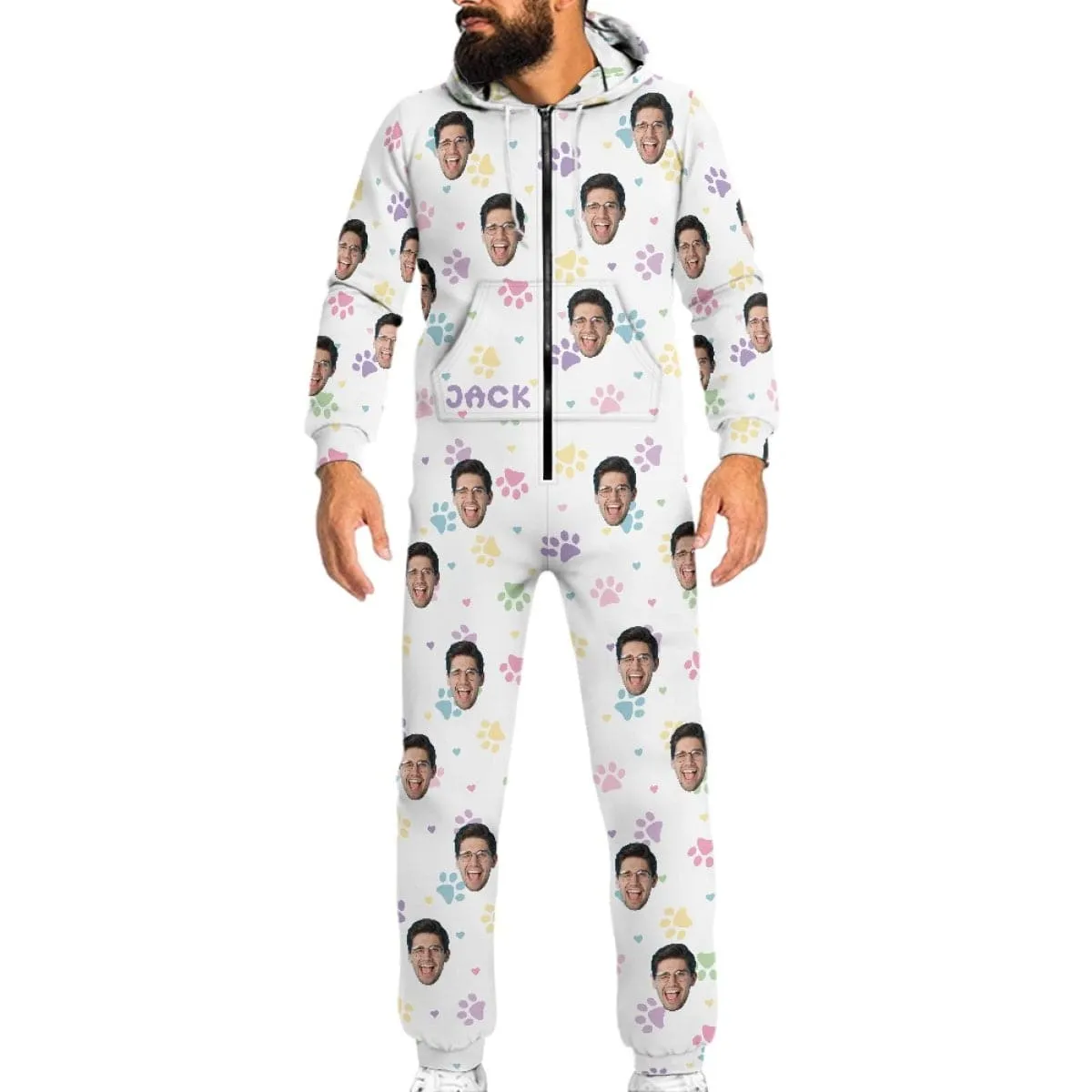 Custom Face&Name Family Hooded Onesie Jumpsuits with Pocket Personalized Zip One-piece Pajamas for Adult kids