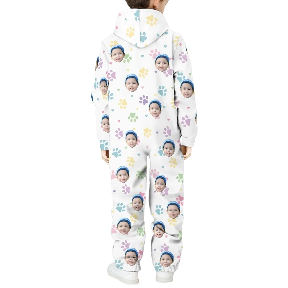 Custom Face&Name Family Hooded Onesie Jumpsuits with Pocket Personalized Zip One-piece Pajamas for Adult kids