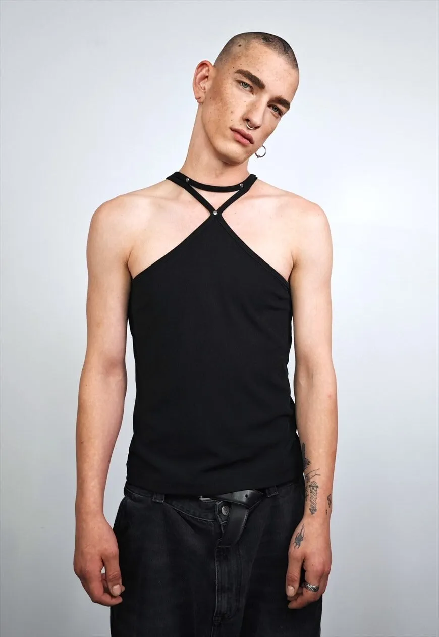 Halter vest unisex studded t-shirt catwalk tank top in black