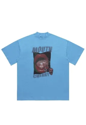 Lips print t-shirt grunge lipstick tee mouth top in sky blue