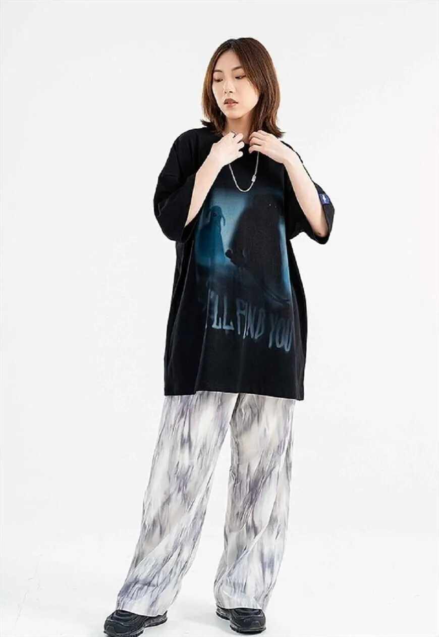Monster print t-shirt ghost graffiti tee wavy punk top black