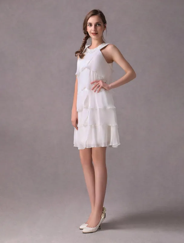 Simple Wedding Dresses Ivory Chiffon Cocktail Party Dress Beaded Tiered A Line Halter Short Bridal Dress Exclusive