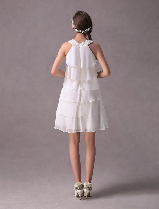 Simple Wedding Dresses Ivory Chiffon Cocktail Party Dress Beaded Tiered A Line Halter Short Bridal Dress Exclusive