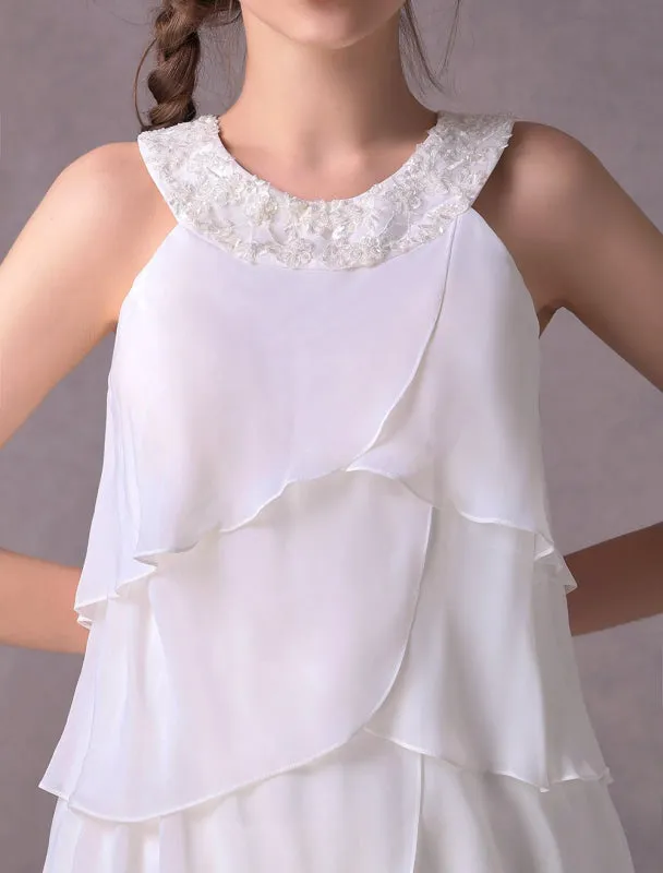 Simple Wedding Dresses Ivory Chiffon Cocktail Party Dress Beaded Tiered A Line Halter Short Bridal Dress Exclusive