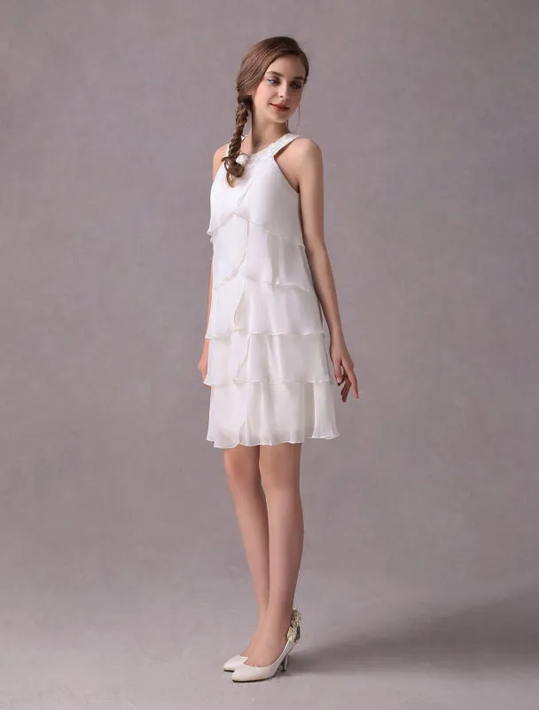 Simple Wedding Dresses Ivory Chiffon Cocktail Party Dress Beaded Tiered A Line Halter Short Bridal Dress Exclusive