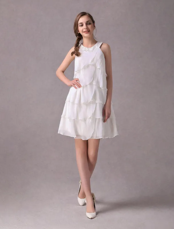 Simple Wedding Dresses Ivory Chiffon Cocktail Party Dress Beaded Tiered A Line Halter Short Bridal Dress Exclusive