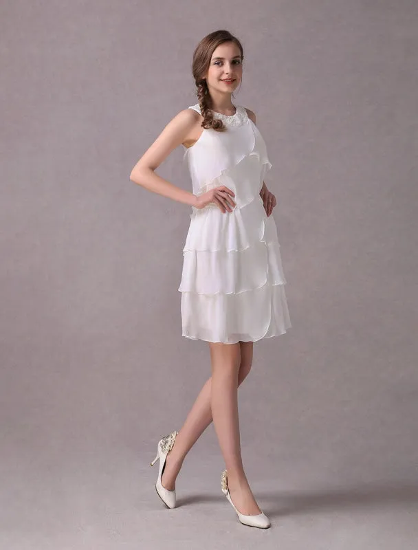 Simple Wedding Dresses Ivory Chiffon Cocktail Party Dress Beaded Tiered A Line Halter Short Bridal Dress Exclusive