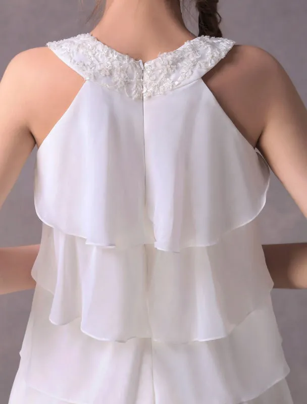 Simple Wedding Dresses Ivory Chiffon Cocktail Party Dress Beaded Tiered A Line Halter Short Bridal Dress Exclusive