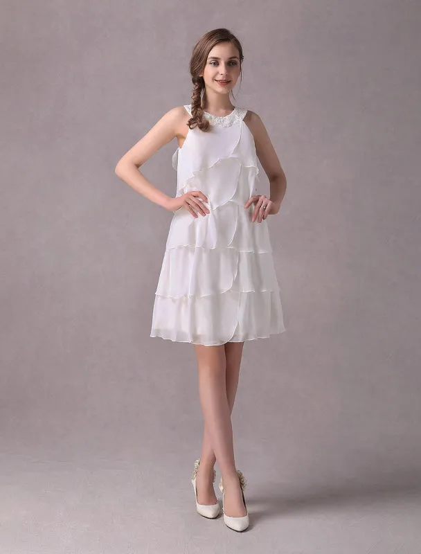 Simple Wedding Dresses Ivory Chiffon Cocktail Party Dress Beaded Tiered A Line Halter Short Bridal Dress Exclusive