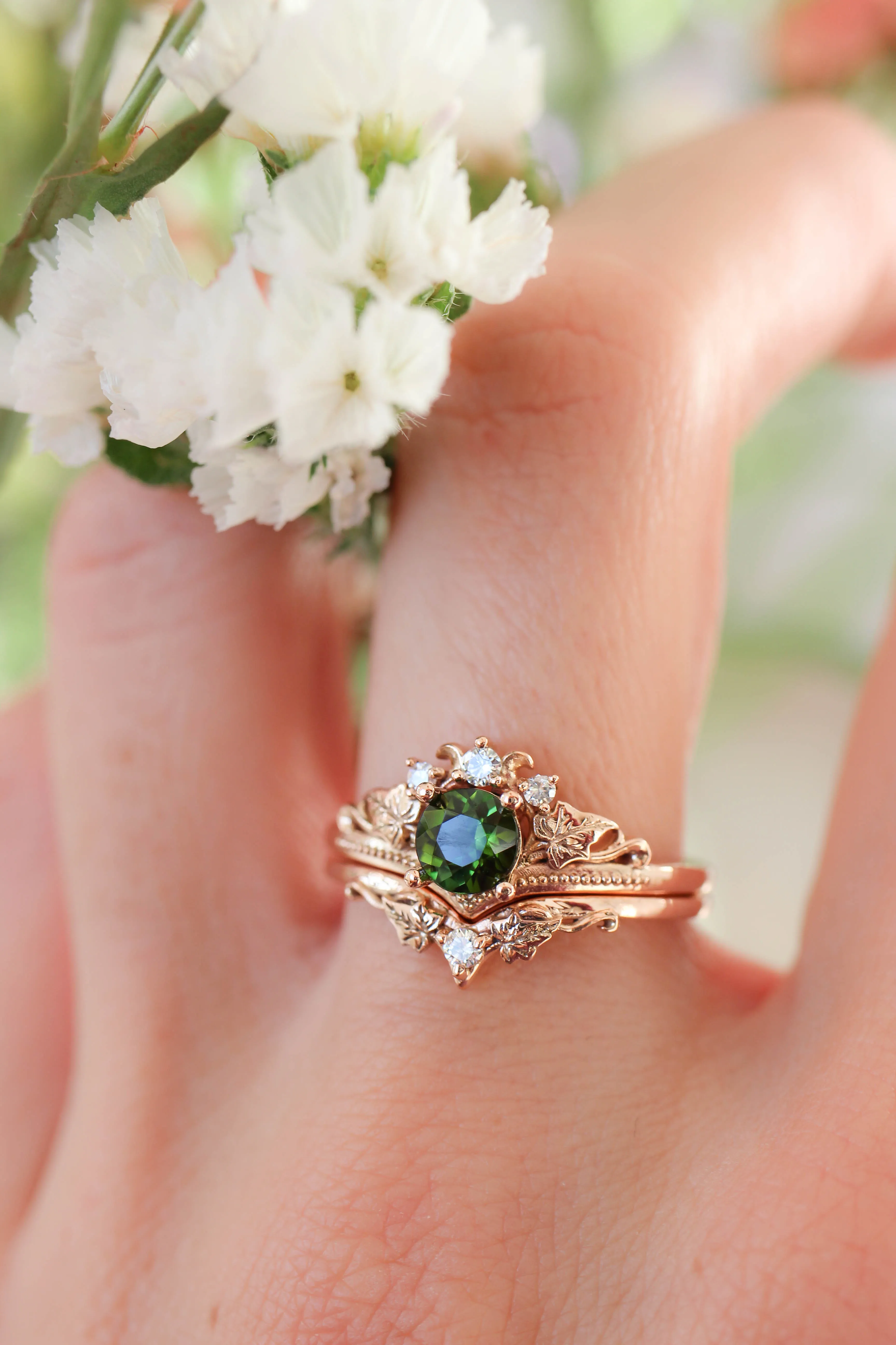 Wedding bands set for couple, ivy leaves rings