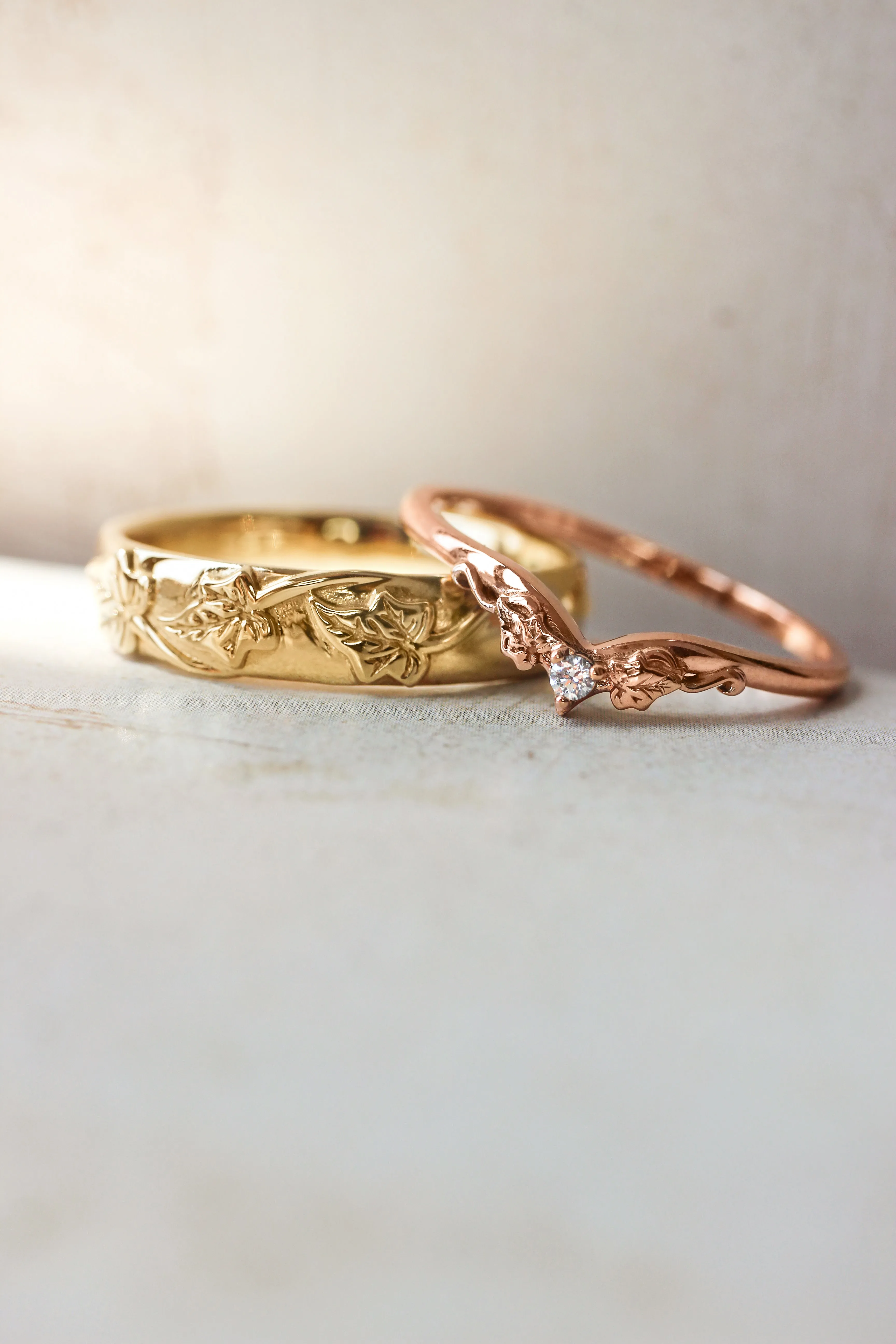 Wedding bands set for couple, ivy leaves rings
