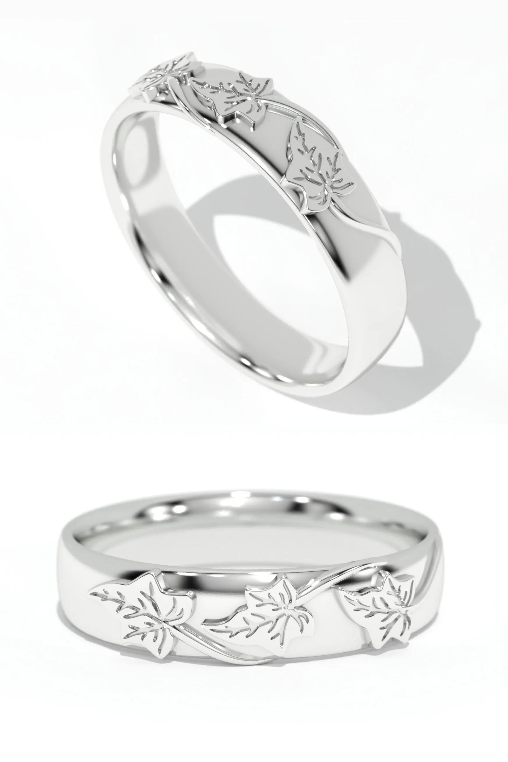 Wedding bands set for couple, ivy leaves rings
