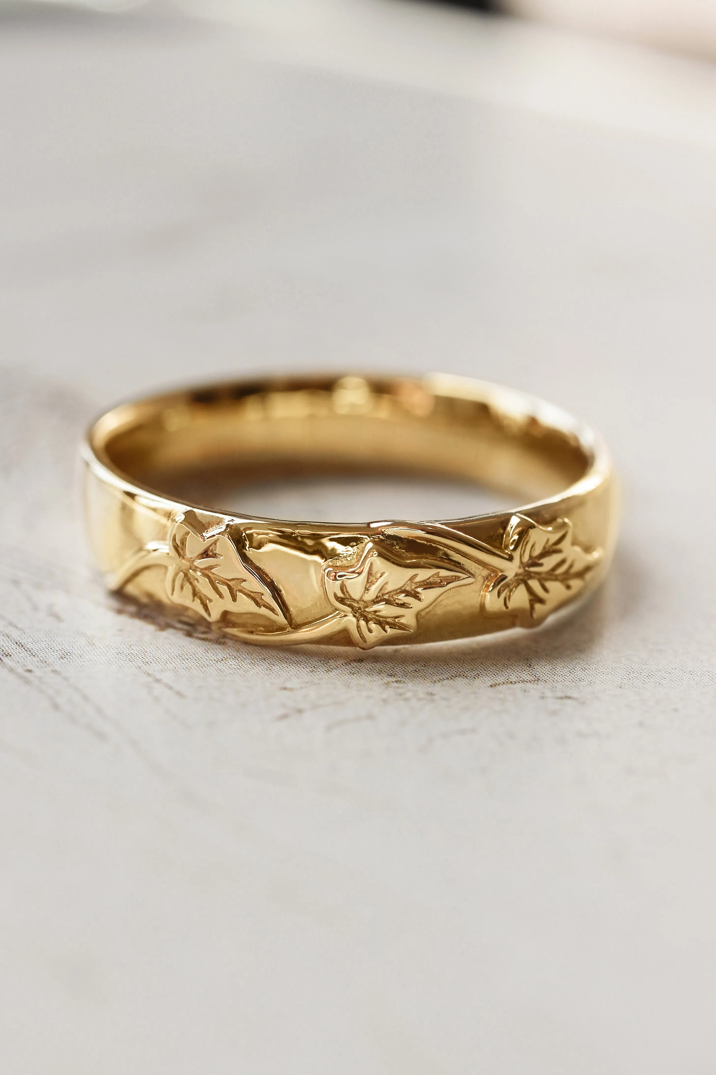 Wedding bands set for couple, ivy leaves rings
