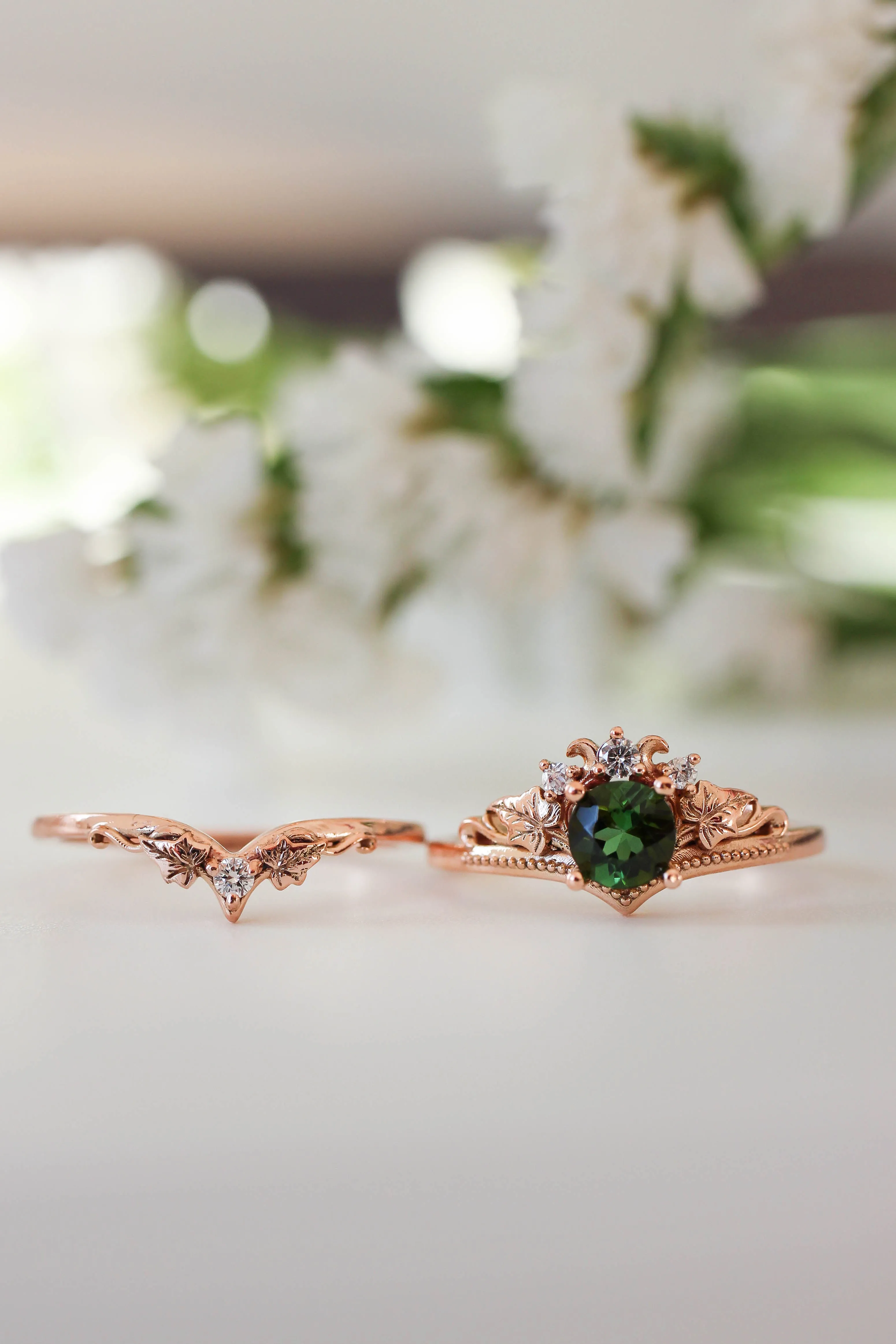 Wedding bands set for couple, ivy leaves rings