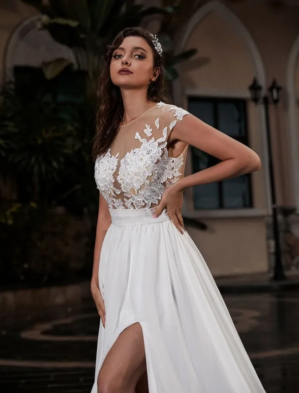 Wedding Dress Beach A-Line Silhouette Jewel Neck Lace Bodice Chiffon Wedding Gown
