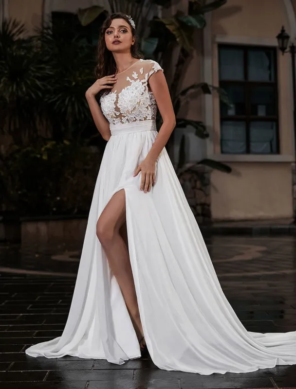 Wedding Dress Beach A-Line Silhouette Jewel Neck Lace Bodice Chiffon Wedding Gown