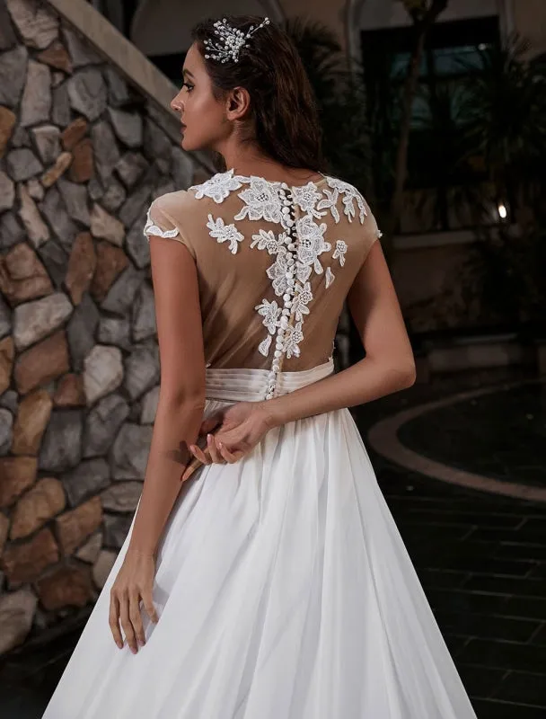 Wedding Dress Beach A-Line Silhouette Jewel Neck Lace Bodice Chiffon Wedding Gown