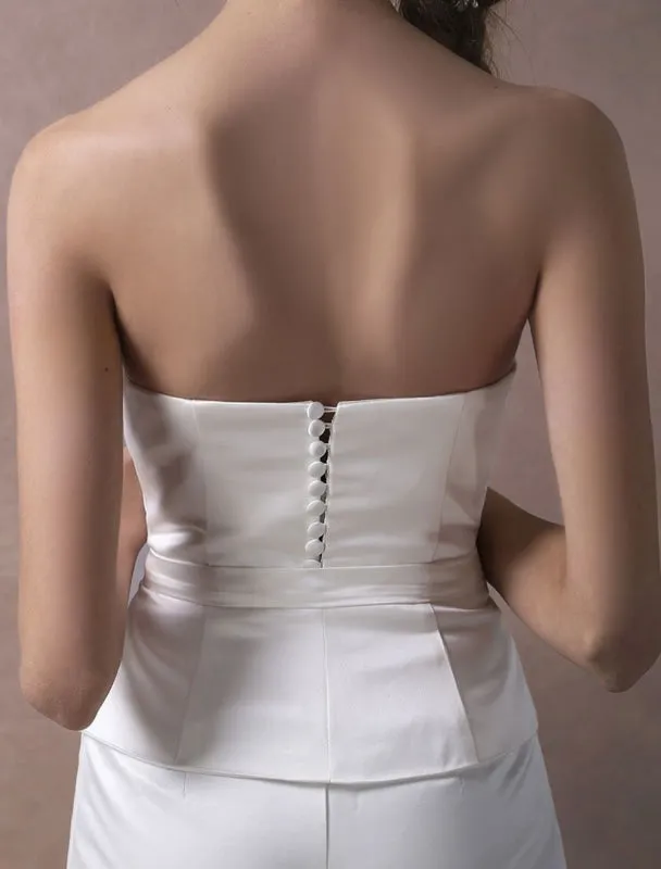 Wedding Jumpsuits Ivory Strapless Peplum Satin Bow Sash Long Bridal Jumpsuits Exclusive