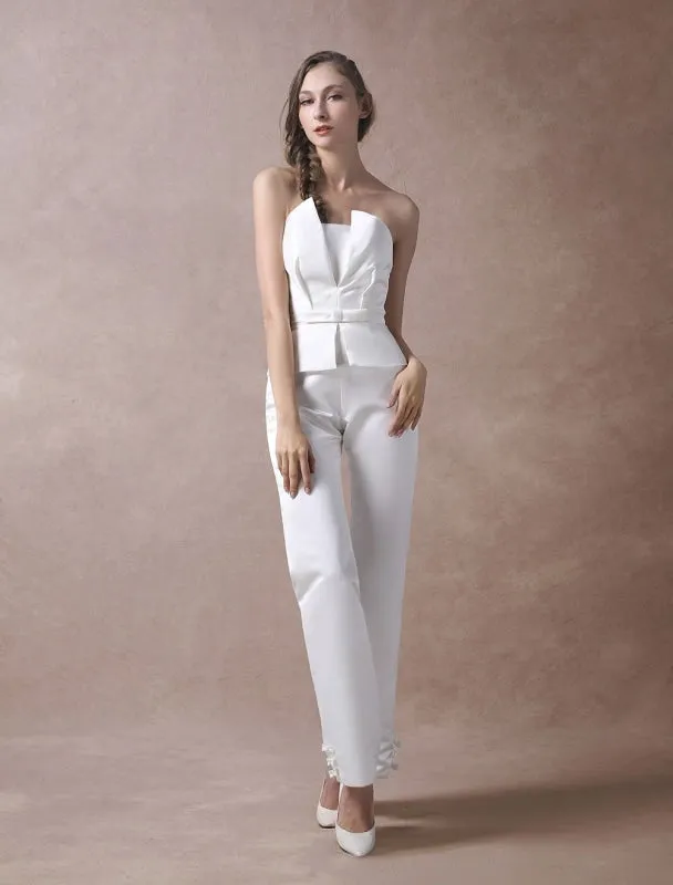 Wedding Jumpsuits Ivory Strapless Peplum Satin Bow Sash Long Bridal Jumpsuits Exclusive