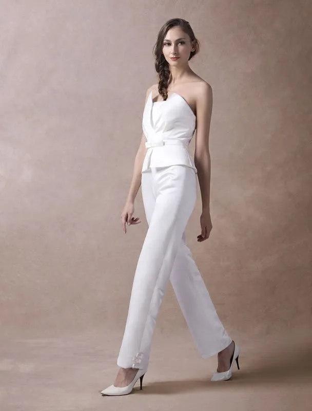 Wedding Jumpsuits Ivory Strapless Peplum Satin Bow Sash Long Bridal Jumpsuits Exclusive