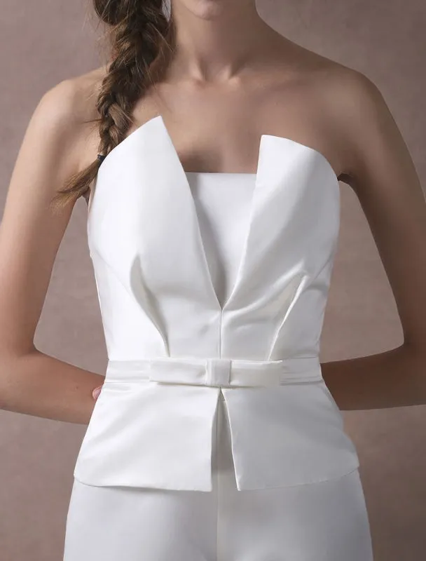 Wedding Jumpsuits Ivory Strapless Peplum Satin Bow Sash Long Bridal Jumpsuits Exclusive