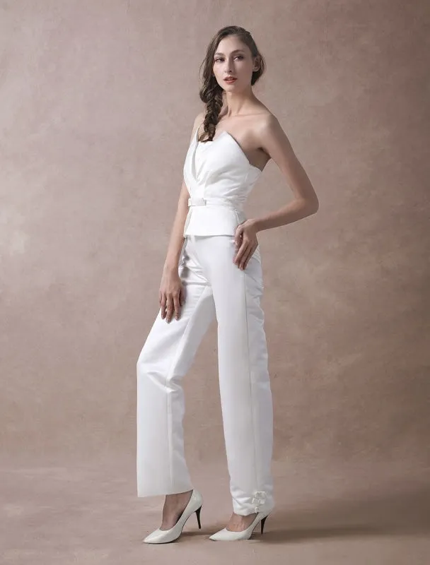 Wedding Jumpsuits Ivory Strapless Peplum Satin Bow Sash Long Bridal Jumpsuits Exclusive