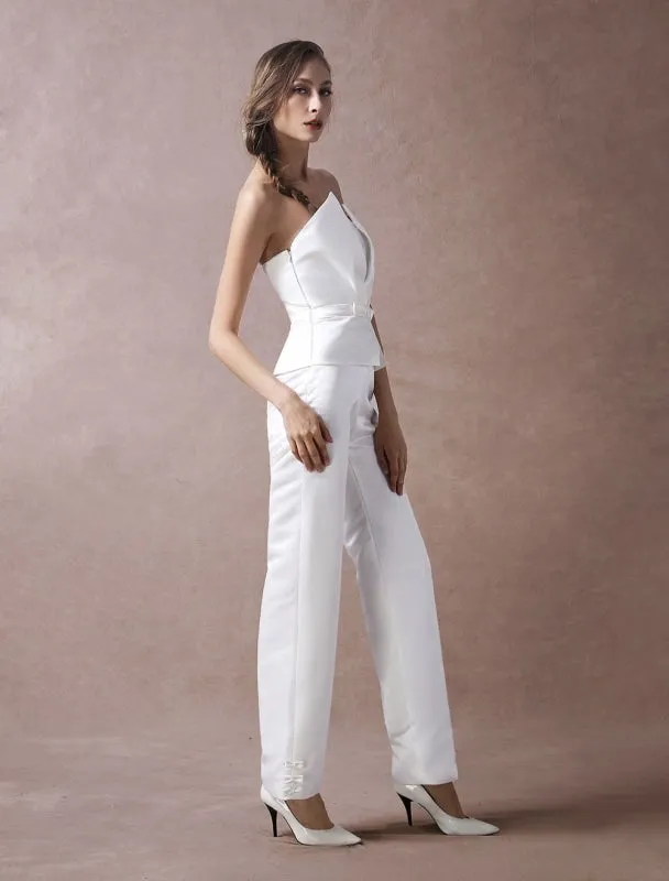 Wedding Jumpsuits Ivory Strapless Peplum Satin Bow Sash Long Bridal Jumpsuits Exclusive