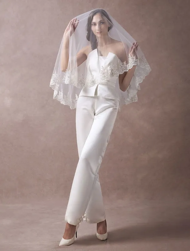 Wedding Jumpsuits Ivory Strapless Peplum Satin Bow Sash Long Bridal Jumpsuits Exclusive