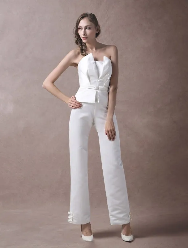 Wedding Jumpsuits Ivory Strapless Peplum Satin Bow Sash Long Bridal Jumpsuits Exclusive
