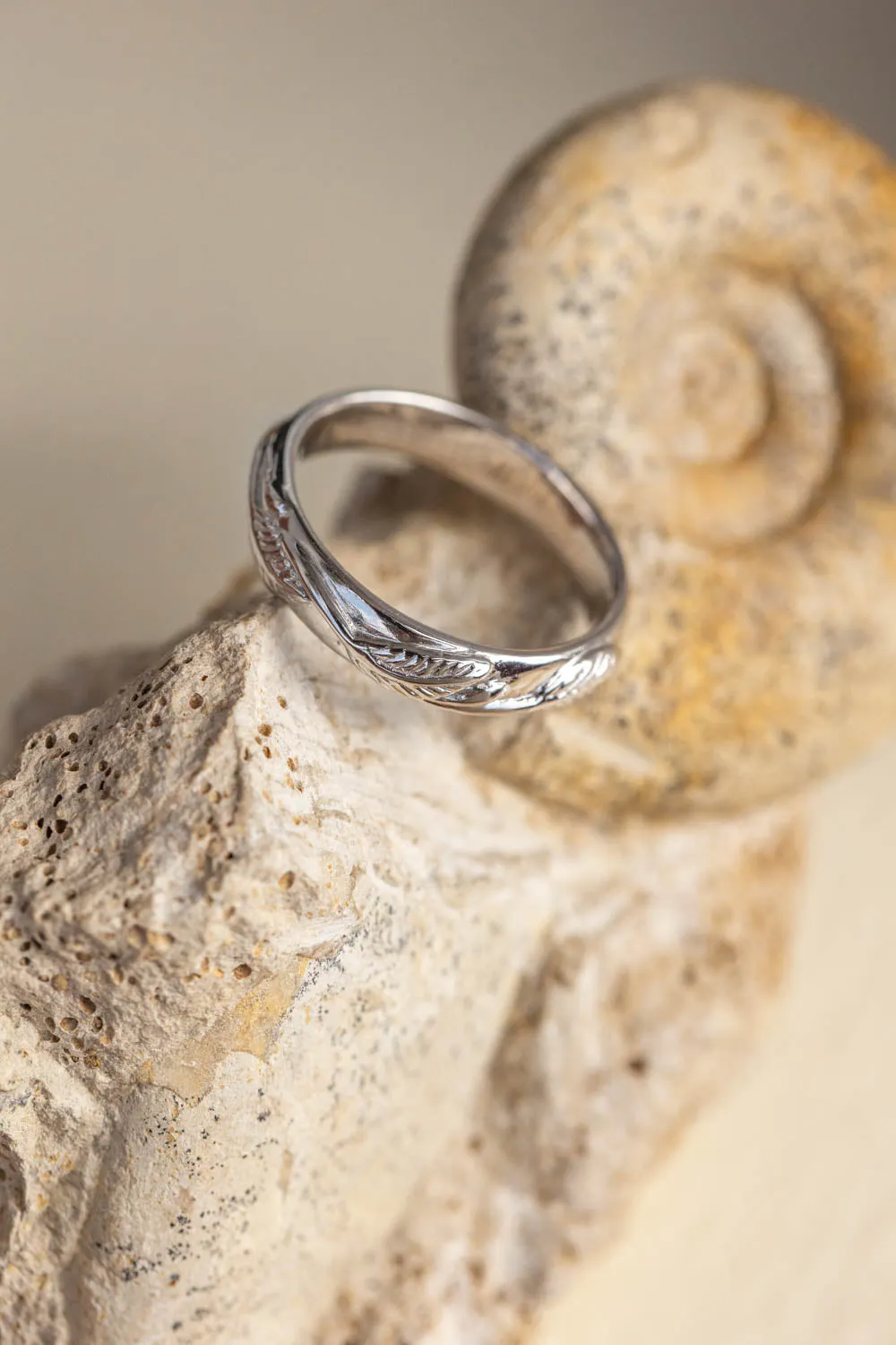 White gold nature inspired wedding band, comfort fit ring for him