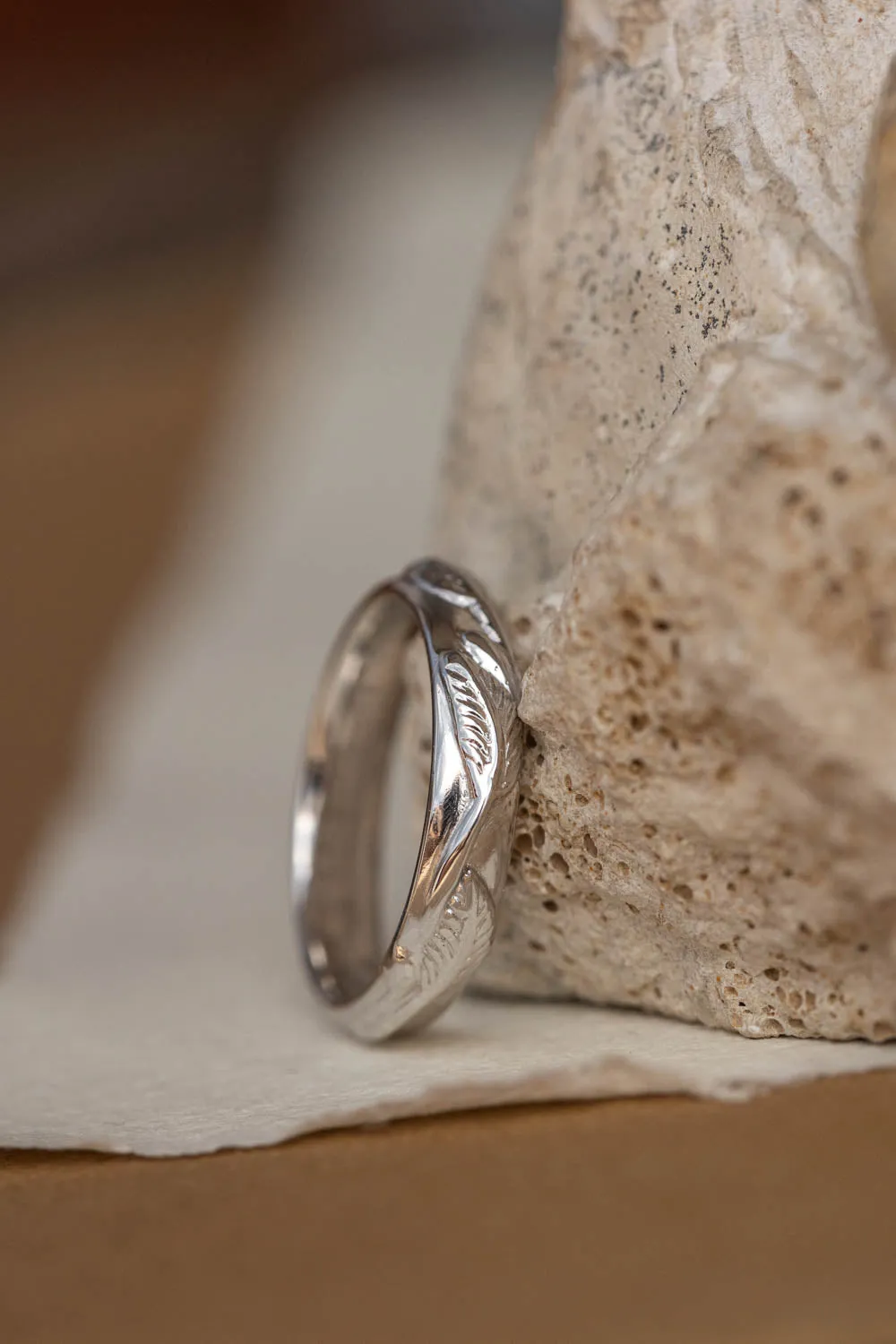White gold nature inspired wedding band, comfort fit ring for him