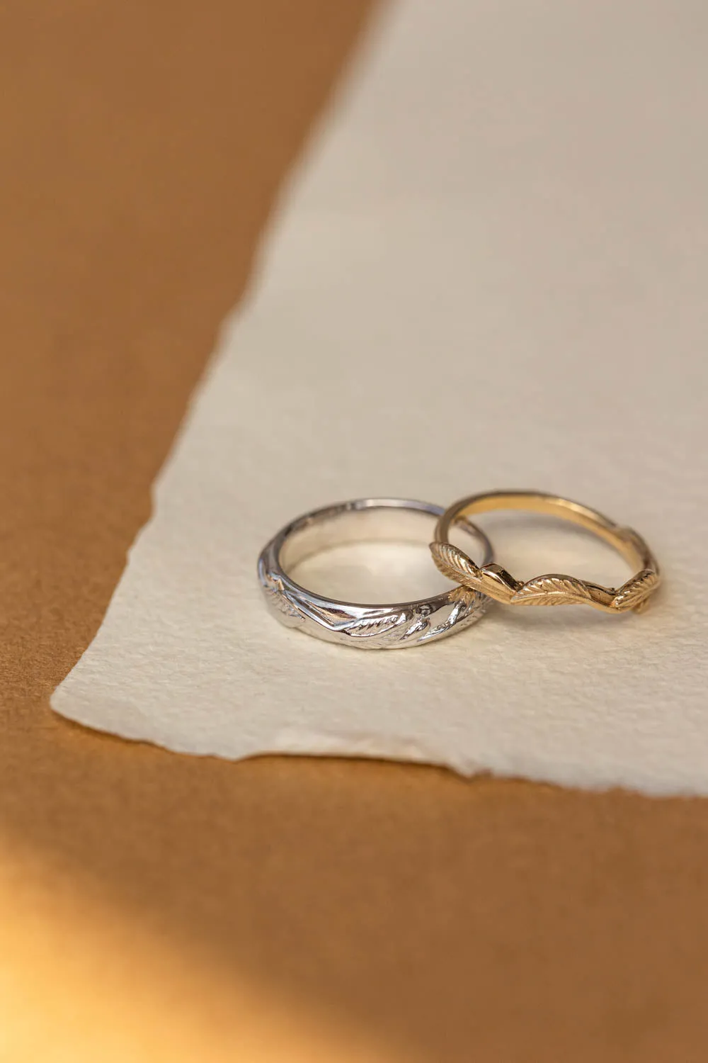 White gold nature inspired wedding band, comfort fit ring for him