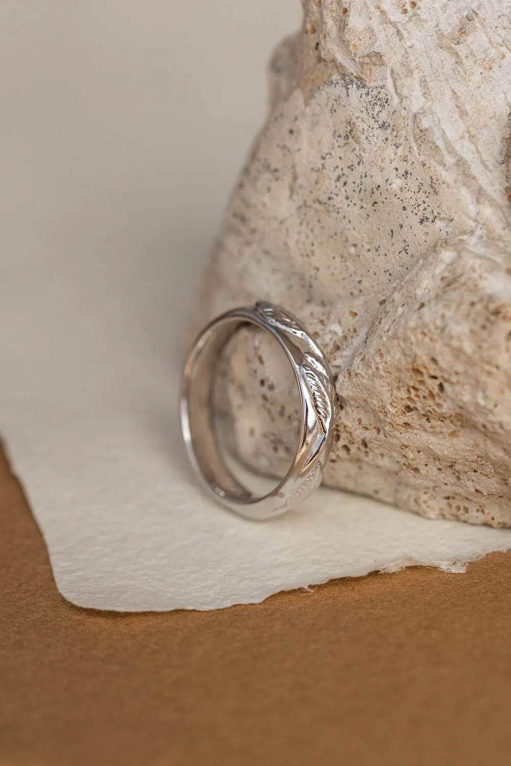 White gold nature inspired wedding band, comfort fit ring for him