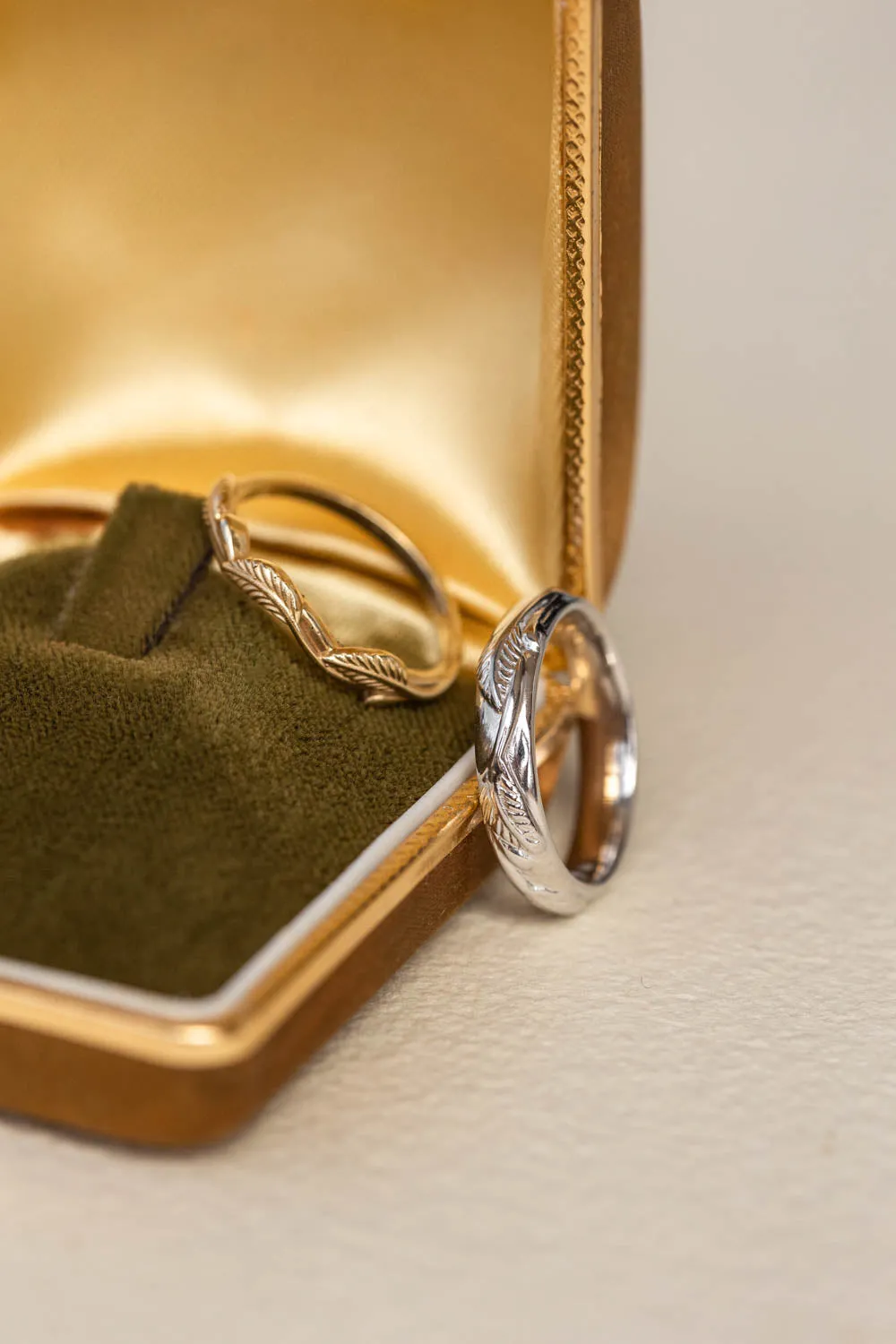 White gold nature inspired wedding band, comfort fit ring for him