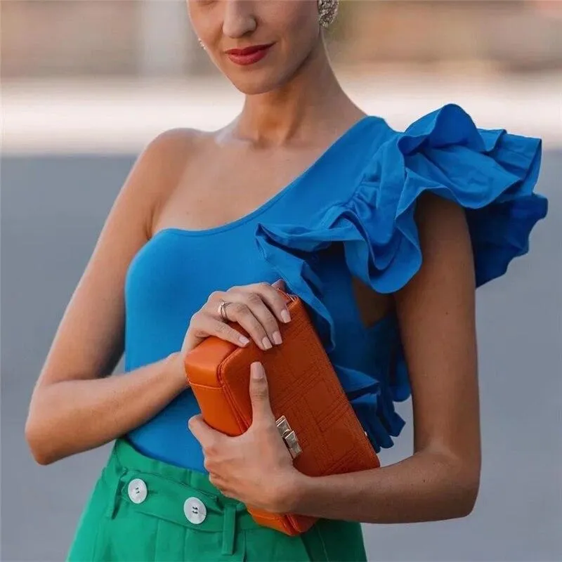 Woman Sexy Green One-Shoulder Ruffles Bodysuit