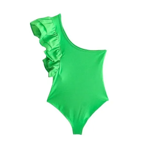 Woman Sexy Green One-Shoulder Ruffles Bodysuit