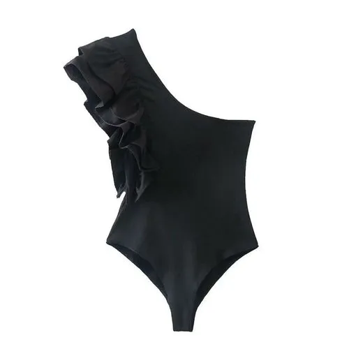 Woman Sexy Green One-Shoulder Ruffles Bodysuit