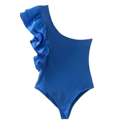 Woman Sexy Green One-Shoulder Ruffles Bodysuit